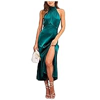 Women's Fall Dresses 2023 Solid Color Sexy High Waist Neck Slit Evening Gown Dress Dresses, S-2XL