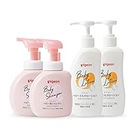PIGEON Baby Shampoo with Flower Fragrance(11.8 Fl. Oz Each) & Gentle Baby Body Lotion(10.1 Fl. Oz Each), Set of 4, Baby Skincare Essential Products, Gentle for Skin, 0 Months and Up, Made in Japan