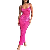 Women Sexy Lace See Through Cami Dresses Halter Neck Spaghetti Strap Long Dress Lace Backless Bodycon Dress Summer