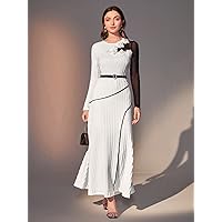Women's Dress Dresses for Women Contrast Mesh Applique Detail Dress Without Belt (Color : White, Size : Medium)