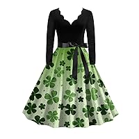 Womens St Patricks Day Dress Shamrock Clover Long Sleeve Flare Dress Vintage Cocktail Party Prom Swing Dresses Holiday