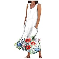 Womens Dresses Cotton Linen Maxi Dress U Neck Sleeveless Tank Dress Fashion Sun Dress with Pocket Beach Outfits