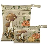 visesunny Vintage Autumn Pumpkin And Mushroom 2Pcs Wet Bag with Zippered Pockets Washable Reusable Roomy Diaper Bag for Travel,Beach,Daycare,Stroller,Diapers,Dirty Gym Clothes,Wet Swimsuits,Toiletries