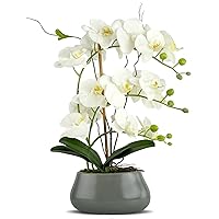 LIVILAN White Orchid Artificial Flowers with Pot Large Fake Silk Orchids Plant Orquidea Artificial Phalaenopsis Orchid with Ceramic Grey Vase Indoor Decor Table Decoration