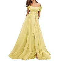 Off Shoulder Tulle Wedding Dresses for Bride Ball Gown Sweetheart Strapless A-Line Long Prom Dresses with Slit Yellow US08