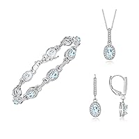 Rylos Matching Jewelry Set Designer Halo Birthstone: 6X4MM Gemstone & Diamonds, Sterling Silver. Tennis Bracelet, Earrings & Necklace. Adjustable 7