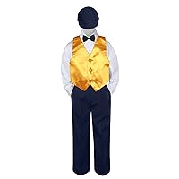 5pc Baby Toddler Kid Boys Navy Pants Hat Bow Tie Yellow Vest Suits Set (7)