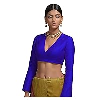 Women's Readymade Banglori Silk Royal Blue Blouse For Sarees Indian Bollywood Designer Padded Stitched Choli Crop Top