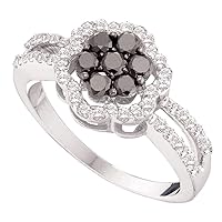 TheDiamondDeal 14kt White Gold Womens Round Black Color Enhanced Diamond Flower Cluster Ring 3/4 Cttw
