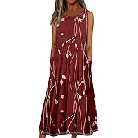 Floral Summer Dress Maxi Dresses for Women 2024 Summer Casual Print Bohemian Beach Dress Sleeveless Crewneck Dress with Pockets Deep Red Medium