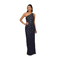 Adrianna Papell Women's One Shoulder Beaded Gown, Dusty Navy