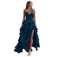 Strapless Lace Corset Prom Dresses for Women Long Layered Chiffon Formal Party Gown with Slit