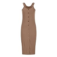 Women's Casual Button Front Sleeveless Split Ribbed Knit Bodycon Midi Dress Slim Fit Club Dress Solid Tank Dresses