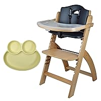 Abiie Beyond Junior Natural Wood/Black Cushion Convertible 3-in-1 Wooden High Chair for 6 Mos. up to 250 lb - with Yellow Octopod Frog Silicone Plates with Suctions, BPA-Free - Baby Essentials