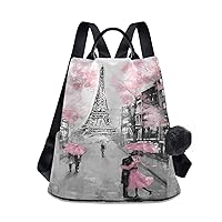 ALAZA Paris Eiffel Tower Couple Pink Floral Backpack Purse with Adjustable Straps
