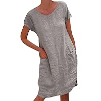 GRASWE Women's Summer Pocket A-line Dress Loose Round Neck Dress Solid Short Sleeve Dress
