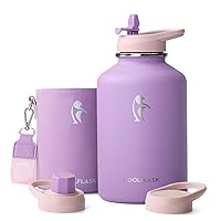 Coolflask Half Gallon Water Bottle Insulated with PU Leather Sleeve, 64 oz Water Bottle Color Contrast with Straw Lids, Stainless Steel Metal Large Water Jug, Keep Cold 48h Hot 24h,Lilac Purple