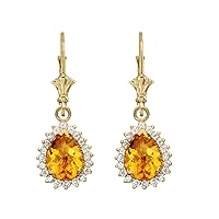 DIAMOND AND CHECKERBOARD CITRINE YELLOW GOLD DANGLING EARRINGS
