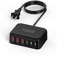 USB C Charger Block, 100W GaN 6 Port PD USB C and QC USB A Wall Charger Adapter Plug Cube, Super Fast Type C Charging Station Hub for iPhone 15 14 13 12 Pro Max iPad Samsung Pixel 5ft Extension Cord