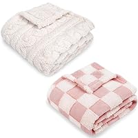 HOMRITAR 3D Fleece Fluffy Fuzzy Blanket for Baby Cream + 3D Checkered Fleece Fluffy Fuzzy Baby Blankets Pink 30 x 40 Inch