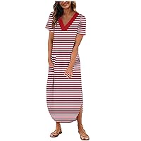 Summer Maxi Dress for Women Short Sleeve Long Dresses with Pockets Striped Rainbow Color Block Side Split Long Dress