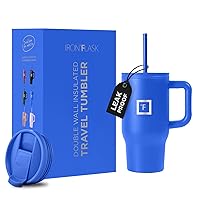 IRON °FLASK Co-Pilot Insulated Tumbler w/Straw & Flip Cap Lids - Cup Holder Bottle for Hot, Cold Drink - Leak-Proof- Water, Coffee Portable Travel Mug - Cobalt Blue, 16 Oz