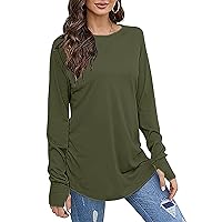 Women's Thumb Holes Long Sleeve Tunic Tops Fall Casual Flowy Curved Hem T-Shirts Oversized Crewneck Solid Blouses