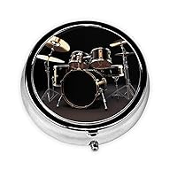 Cool Drum Set Print Round Pill Box 3 Compartment Portable Mini Pill Case Metal Pill Organizer Pill Container for Pocket Purse Office Travel