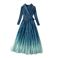 Gradient Color Pleated Patchwork Lace Midi Dress Women Spring Autumn Long Sleeve Party Dresses Elegant Vintage