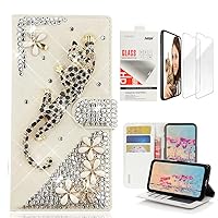 STENES Bling Wallet Case Compatible with iPhone XR - 3D Handmade Leopard Flowers Design Leather Case with Wrist Strap & Screen Protector [2 Pack] - Gold
