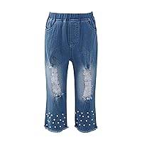 TiaoBug Kids Girls Ripped Capri Straight Leg Denim Jeans Raw Hem Denim Pants Loose Denim Cropped Trousers with Beads