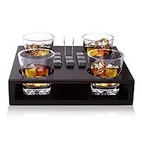 Bezrat Old Fashioned Whiskey Glasses Set - + 8 Whisky Chilling Stones and accessories on Wooden Tray – 4 Scotch Bourbon Glasses – Granite Chilling Rocks