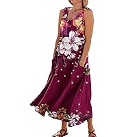 Sun Dresses for Women Casual,Womens Floral Print Crewneck Sleeveless Maxi Dress Flowy Long Beach Dress with Pockets