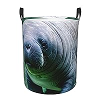 Manatee Animals Calf Round waterproof laundry basket,foldable storage basket,laundry Hampers with handle,suitable toy storage
