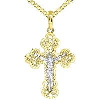 Solid 14k Two Tone Gold Filigree Eastern Orthodox Cross Crucifix Pendant with Cuban Necklace
