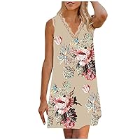 Women's V-Neck Trendy Glamorous Print Beach Swing Dress Casual Loose-Fitting Summer Flowy Sleeveless Knee Length Khaki