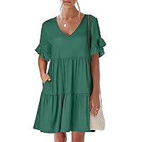 ANRABESS Women's 2024 Summer Trendy V Neck Ruffle Short Sleeve A Line Tiered Flowy Casual Mini Beach Dress with Pockets