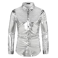 Men's Disco Shiny Gold Sequin Metallic Design Dress Shirt Long Sleeve Button Down Bday Party Stage Costume