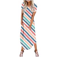 Women's Striped Print Split Long Dress Casual Loose Short Sleeve Maxi Dress 2024 Summer Beach Dress with Pockets