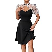 Dresses for Women 2023 Contrast Dobby Mesh Cut Out Front Knee Length Dress