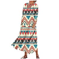 3/4 Sleeve Dresses for Women Summer Boho Beach Sundresses Flowy Maxi Dresses Casual Printed Long Dress with Pockets