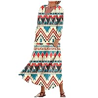 Dresses for Women 2024 Printed 3/4 Sleeve Sun Dress with Pocket Swing Lightweight Dress Flowy Vacation Beach Dress