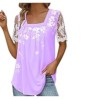 Womens Tops Casual Lace Patchwork Short Sleeve Square Neck Shirts Loose Pleated T Shirt Summer Print Tee Blouse
