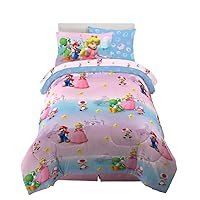 Franco Super Mario Girl Princess Peach Girl Gamer Kids Bedding Super Soft Comforter and Sheet Set with Sham, 5 Piece Twin Size, (Official Licensed Product)