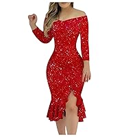 Party Dresses for Women 2024 Sequins Off Shoulder Long Sleeve Ruched Bodycon Dress Ruffle Hem Tights Midi Dress