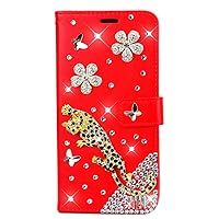 Crystal Wallet Phone Case Compatible with Samsung Galaxy Z Fold 5 - Leopard Flower - Red - 3D Handmade Sparkly Glitter Bling Leather Cover with Screen Protector & Beaded Phone Lanyard