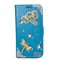 Crystal Wallet Phone Case Compatible with Samsung Galaxy S20 FE 5G - Dragonfly - Blue - 3D Handmade Sparkly Glitter Bling Leather Cover with Screen Protector & Beaded Phone Lanyard