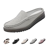 Women's Casual Leather Flat Mules Sandals,Lightweight Comfort Closed Toe Backless Fashion Embroidered Slip-on Slides