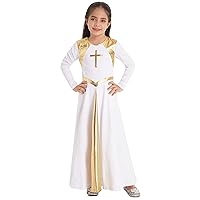 FEESHOW Girls Metallic Cross Liturgical Praise Dance Dress Lyrical Dancewear Color Block Full Length Robe Worship