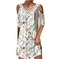 Mini Dresses for Women Casual V Neck Lace Crochet Cold Shoulder Short Sleeve Summer Dress Loose Floral Beach Sundress